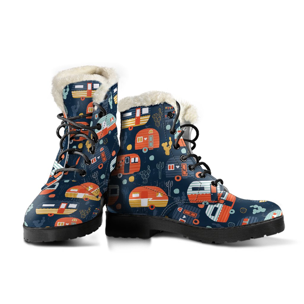 Camper Caravan Print Pattern Faux Fur Leather Boots-JTAMIGO.COM
