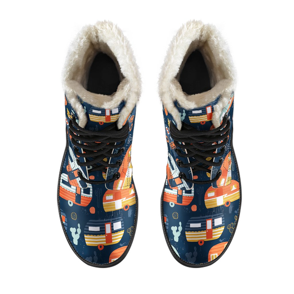 Camper Caravan Print Pattern Faux Fur Leather Boots-JTAMIGO.COM