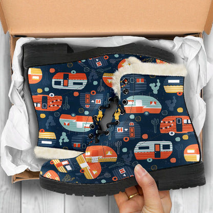 Camper Caravan Print Pattern Faux Fur Leather Boots-JTAMIGO.COM