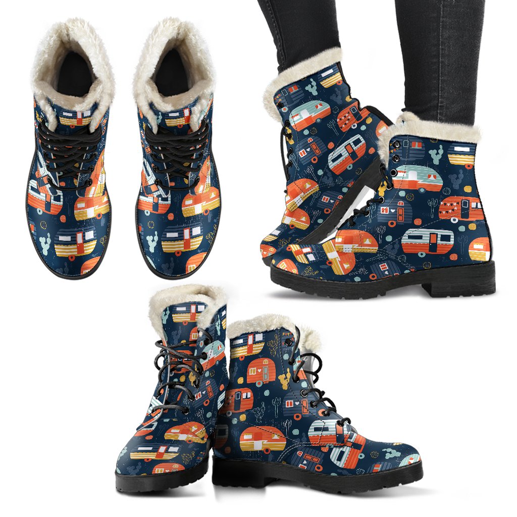 Camper Caravan Print Pattern Faux Fur Leather Boots-JTAMIGO.COM