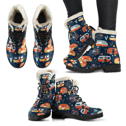 Camper Caravan Print Pattern Faux Fur Leather Boots-JTAMIGO.COM