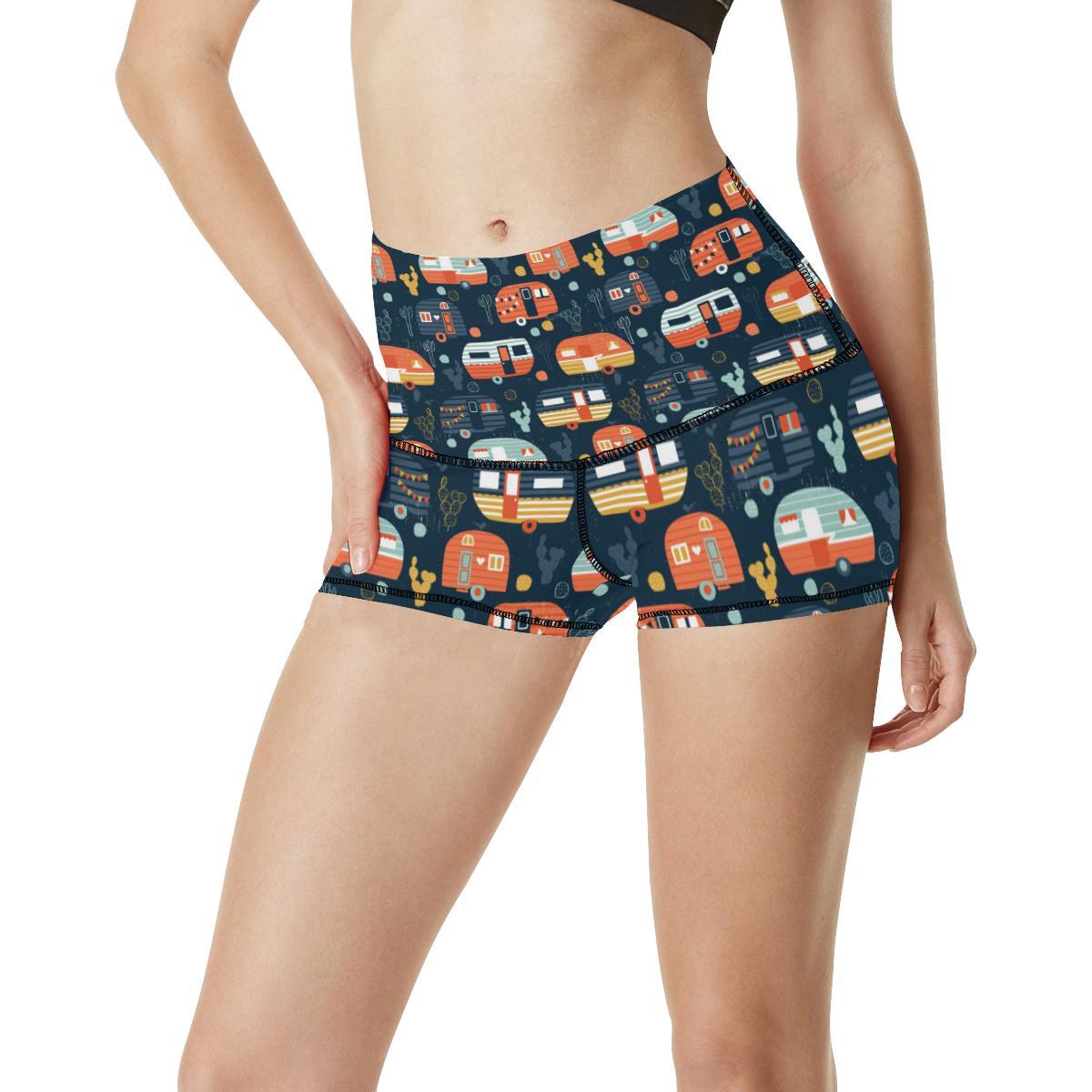 Camper Caravan Print Pattern High Waisted Spandex Shorts-JTAMIGO.COM