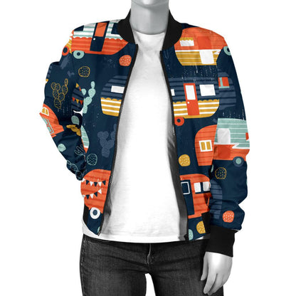 Camper Caravan Print Pattern Women Casual Bomber Jacket