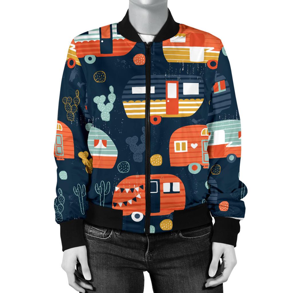 Camper Caravan Print Pattern Women Casual Bomber Jacket
