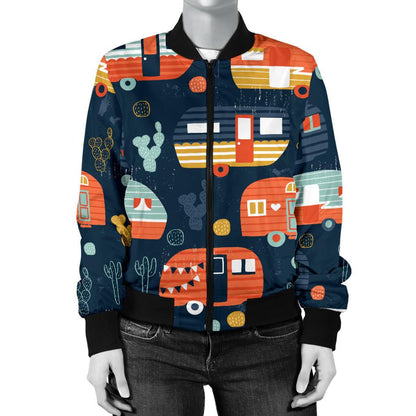 Camper Caravan Print Pattern Women Casual Bomber Jacket
