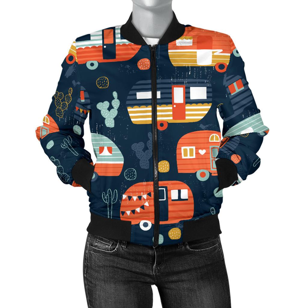 Camper Caravan Print Pattern Women Casual Bomber Jacket