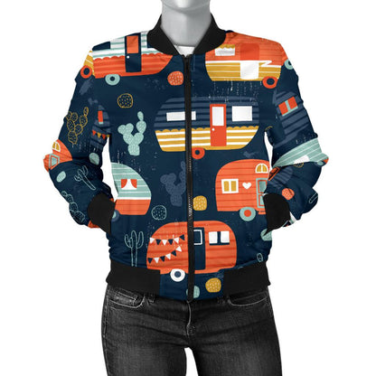 Camper Caravan Print Pattern Women Casual Bomber Jacket