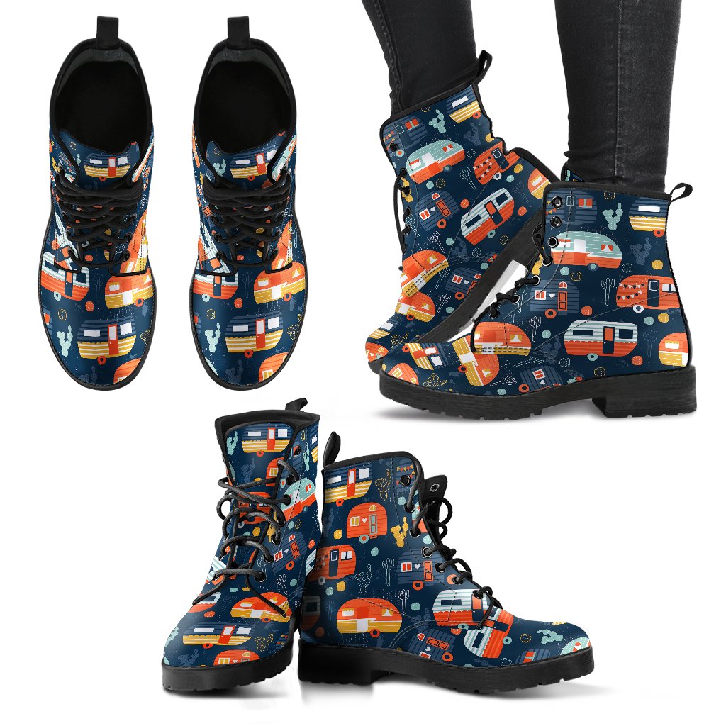 Camper Caravan Print Pattern Women Leather Boots-JTAMIGO.COM
