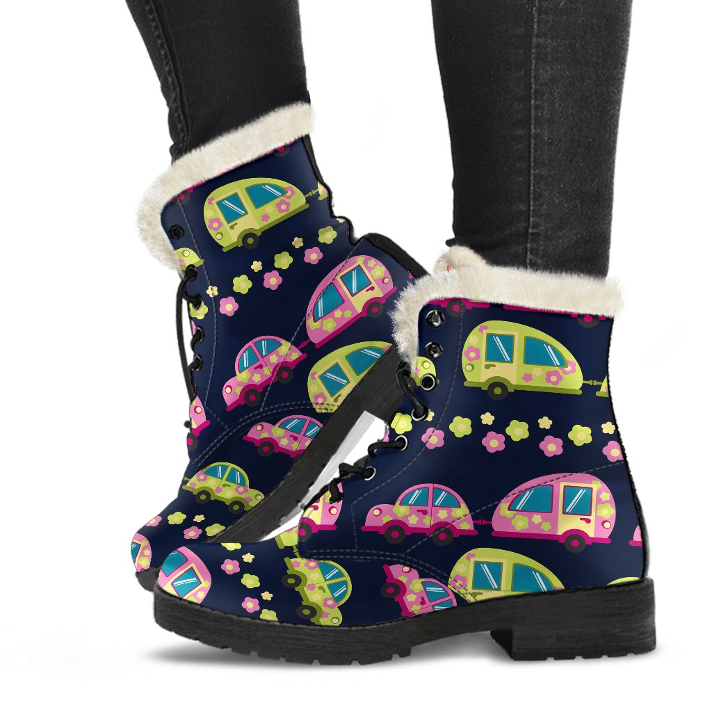 Camper Cute Camping Design No 3 Print Faux Fur Leather Boots-JTAMIGO.COM