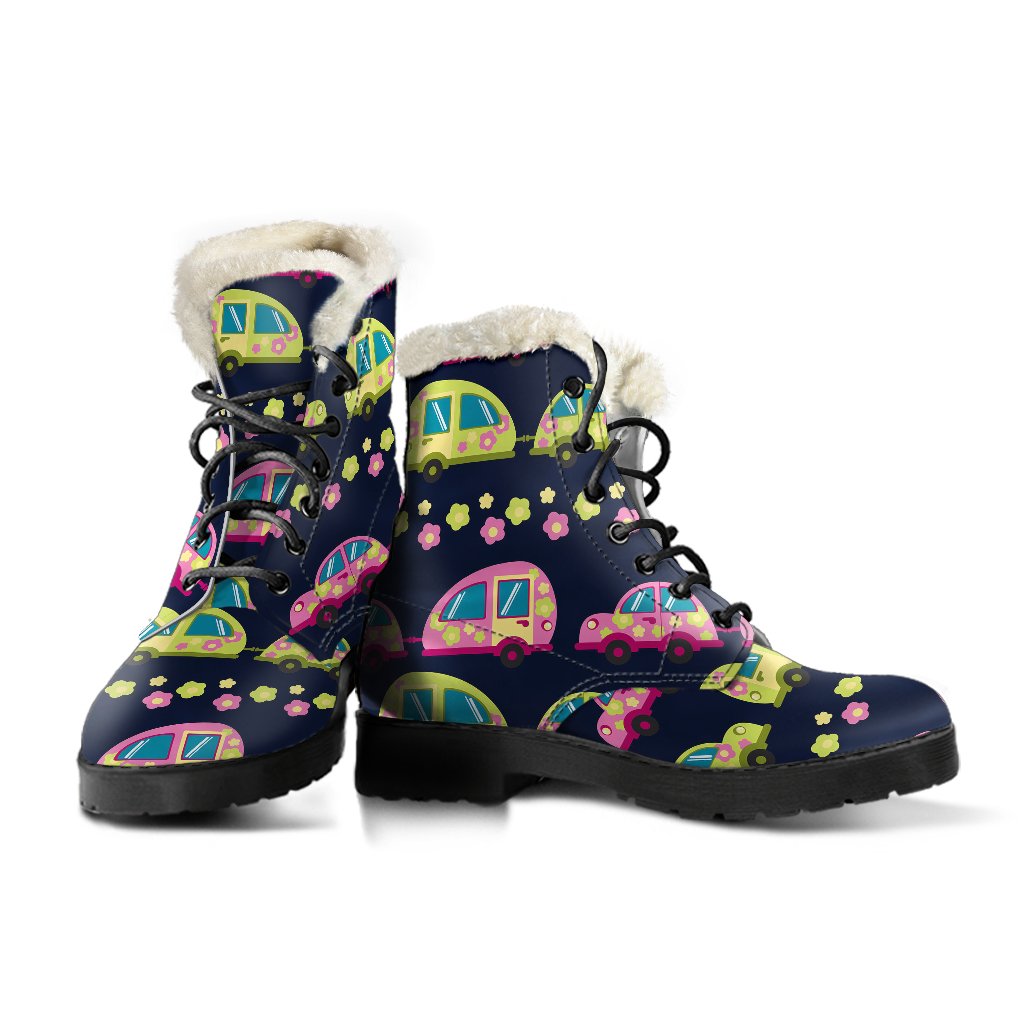 Camper Cute Camping Design No 3 Print Faux Fur Leather Boots-JTAMIGO.COM
