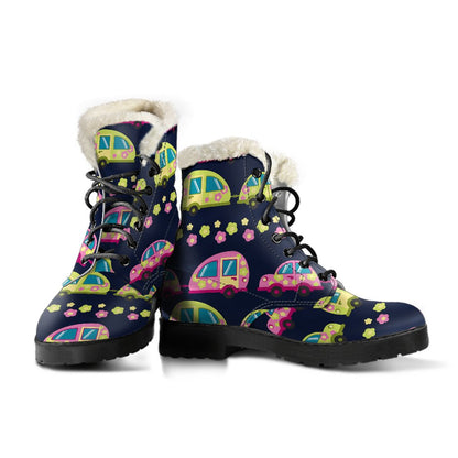 Camper Cute Camping Design No 3 Print Faux Fur Leather Boots-JTAMIGO.COM