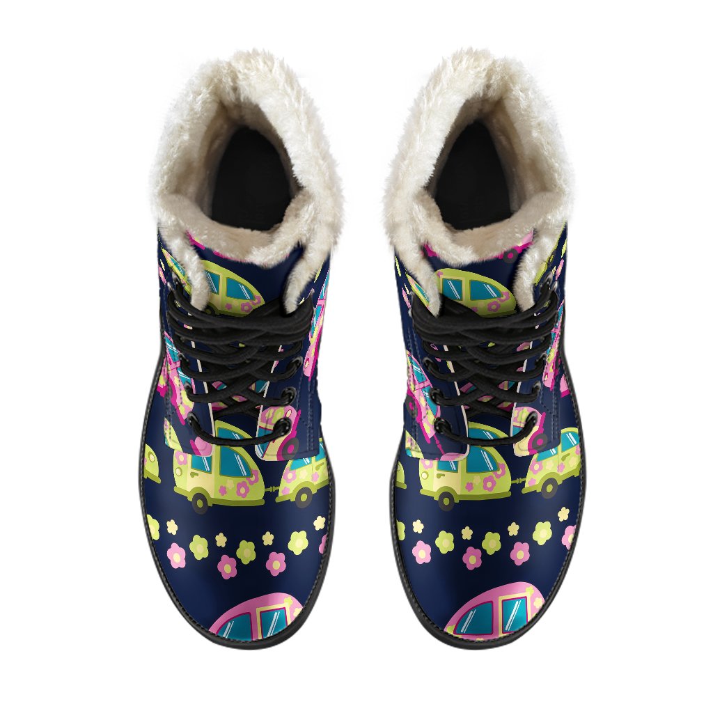 Camper Cute Camping Design No 3 Print Faux Fur Leather Boots-JTAMIGO.COM