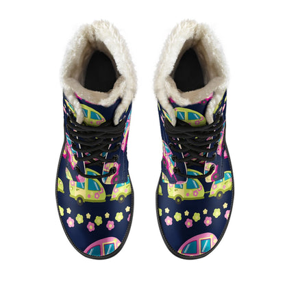 Camper Cute Camping Design No 3 Print Faux Fur Leather Boots-JTAMIGO.COM