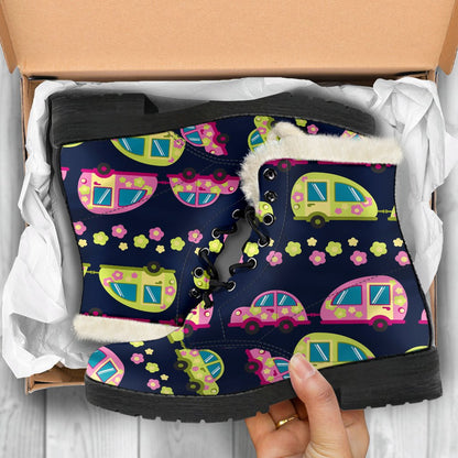 Camper Cute Camping Design No 3 Print Faux Fur Leather Boots-JTAMIGO.COM
