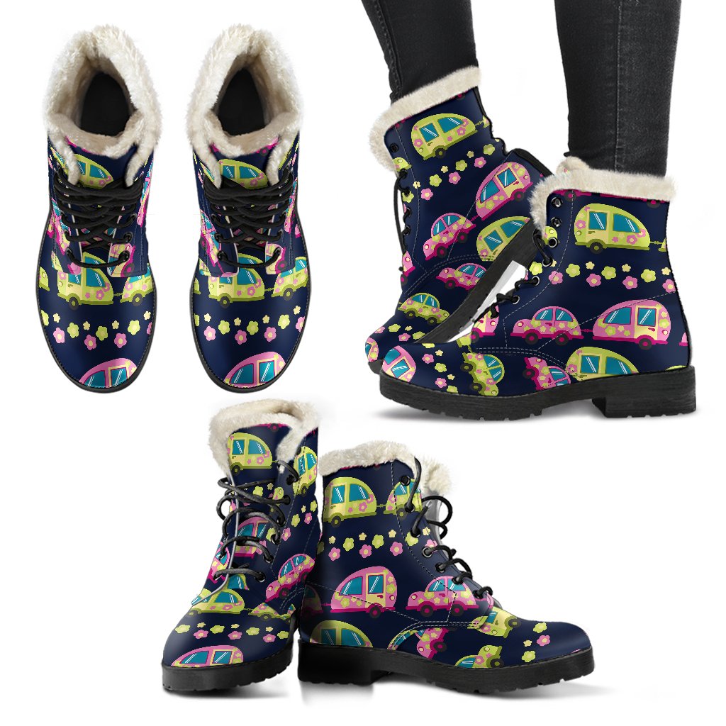Camper Cute Camping Design No 3 Print Faux Fur Leather Boots-JTAMIGO.COM