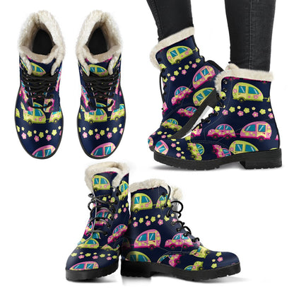Camper Cute Camping Design No 3 Print Faux Fur Leather Boots-JTAMIGO.COM