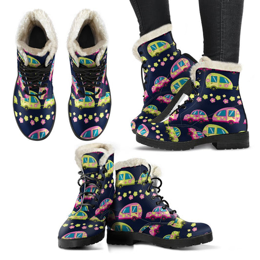Camper Cute Camping Design No 3 Print Faux Fur Leather Boots-JTAMIGO.COM