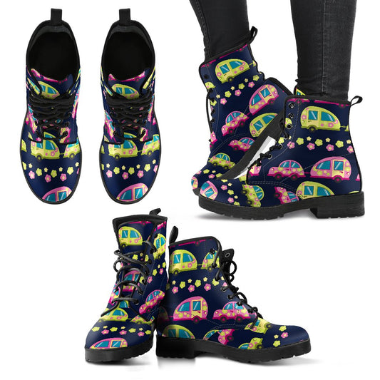 Camper Cute Camping Design No 3 Print Women Leather Boots-JTAMIGO.COM