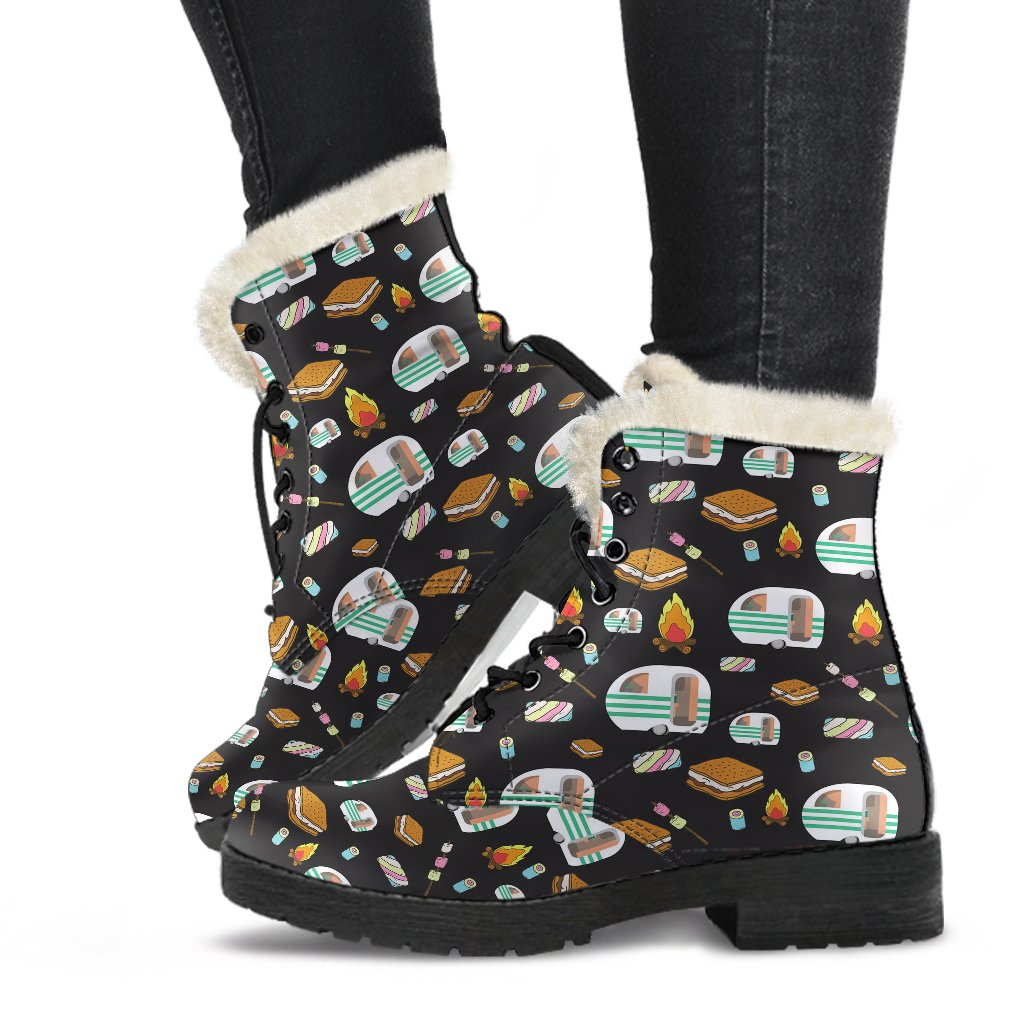 Camper marshmallow Camping Design Print Faux Fur Leather Boots-JTAMIGO.COM