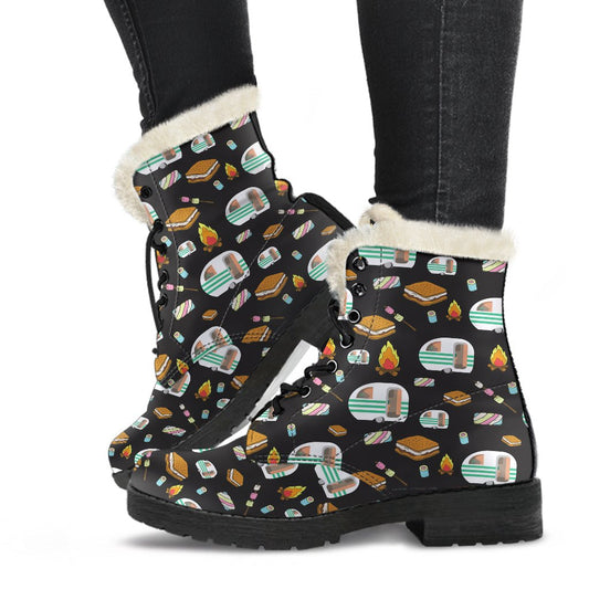 Camper marshmallow Camping Design Print Faux Fur Leather Boots-JTAMIGO.COM