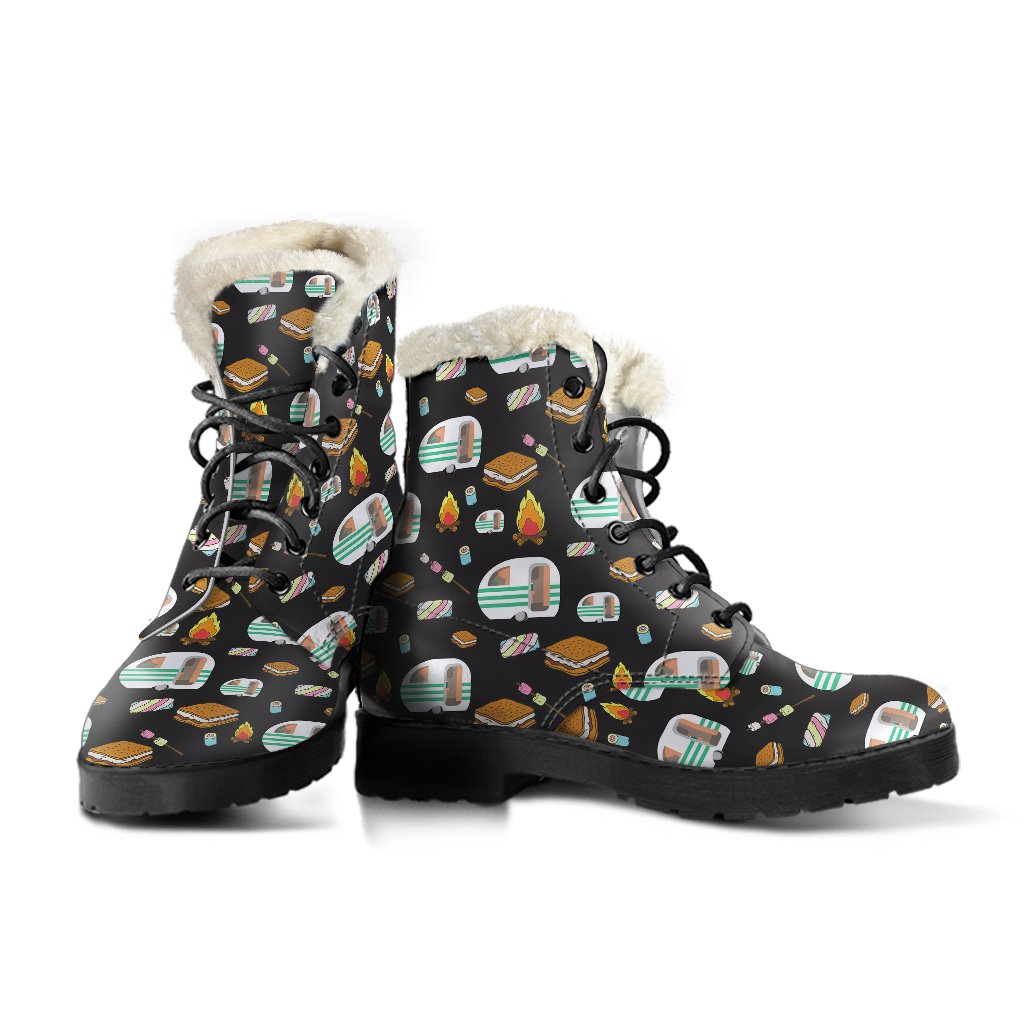 Camper marshmallow Camping Design Print Faux Fur Leather Boots-JTAMIGO.COM