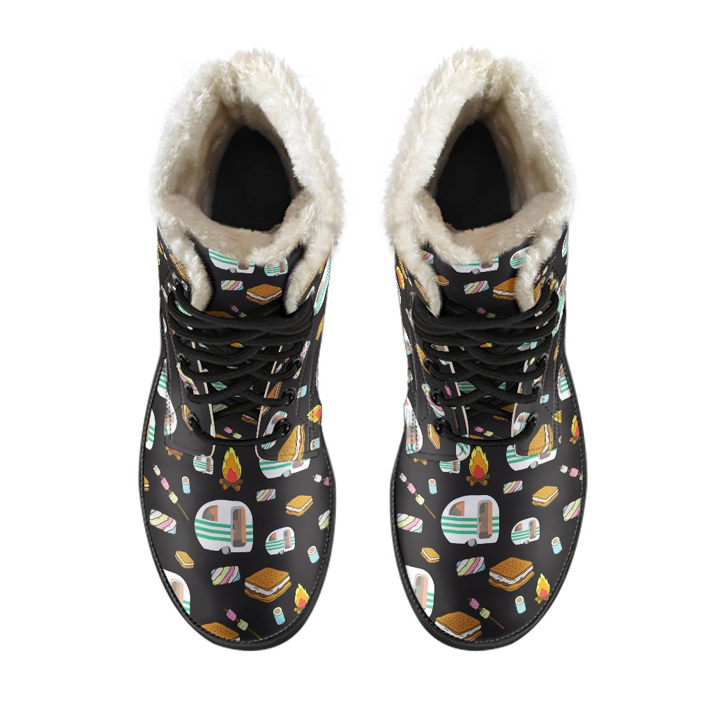 Camper marshmallow Camping Design Print Faux Fur Leather Boots-JTAMIGO.COM