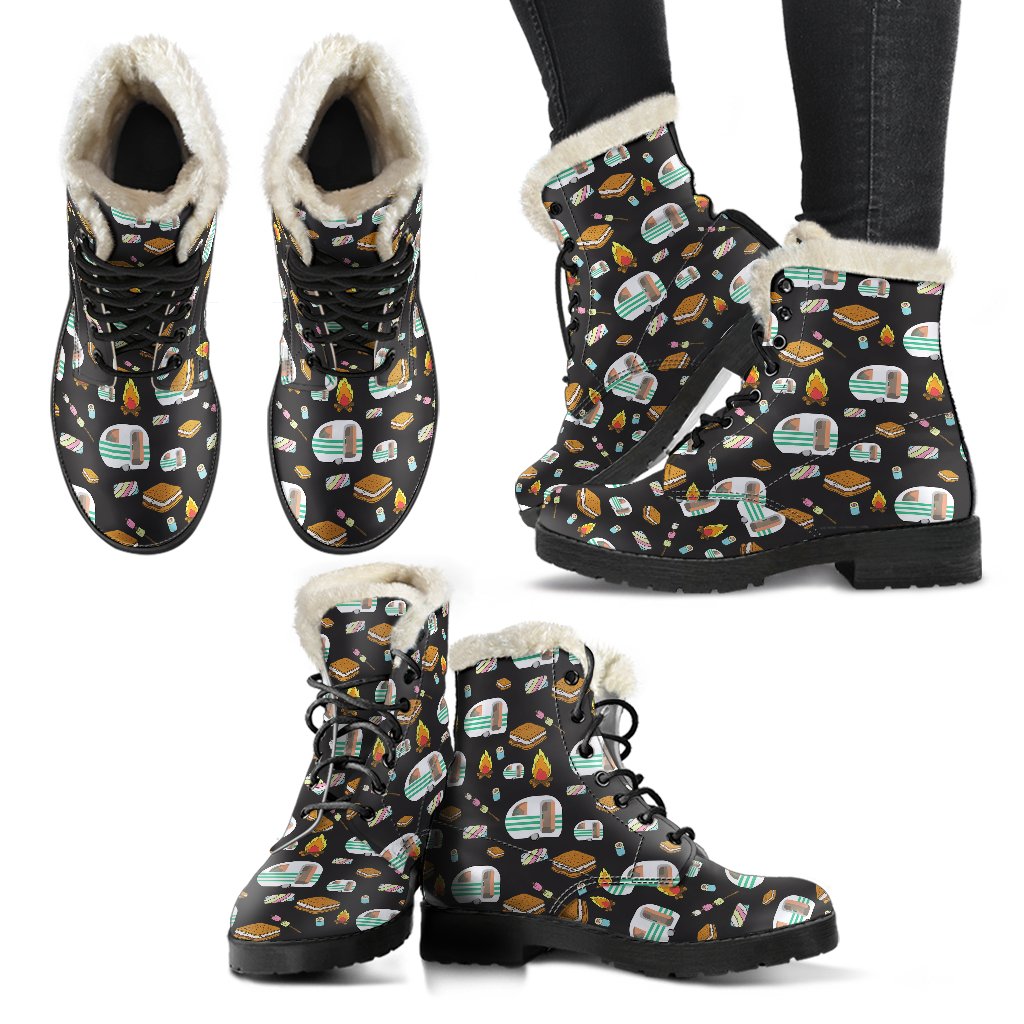 Camper marshmallow Camping Design Print Faux Fur Leather Boots-JTAMIGO.COM