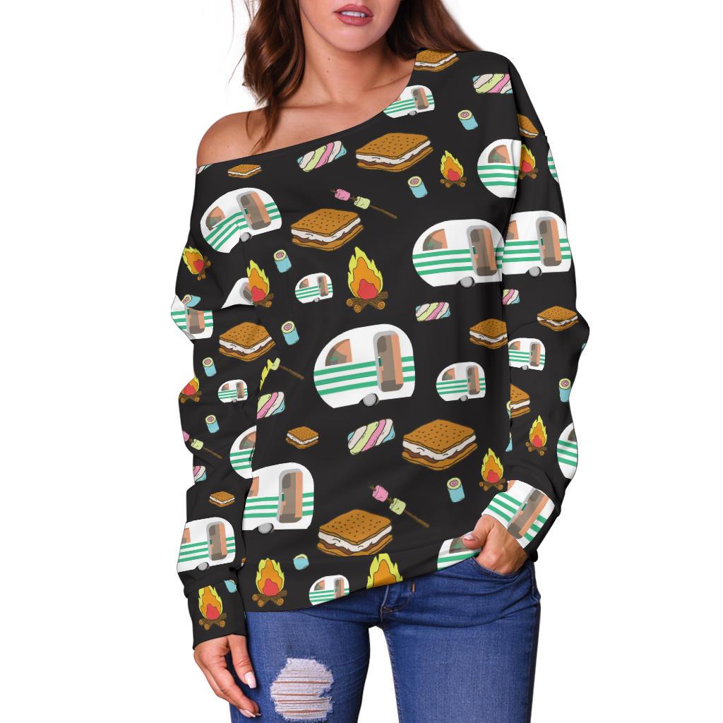 Camper marshmallow Camping Design Print Off Shoulder Sweatshirt