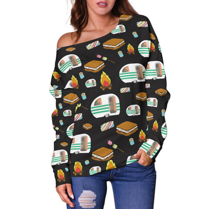 Camper marshmallow Camping Design Print Off Shoulder Sweatshirt