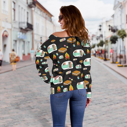 Camper marshmallow Camping Design Print Off Shoulder Sweatshirt