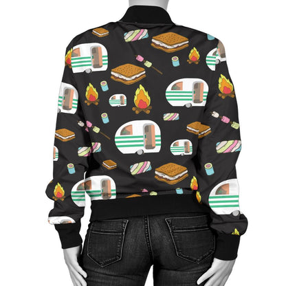 Camper Marshmallow Camping Design Print Women Casual Bomber Jacket