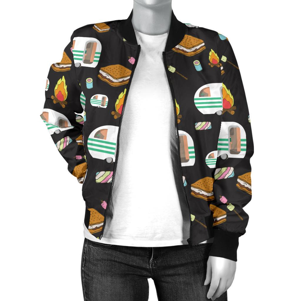 Camper Marshmallow Camping Design Print Women Casual Bomber Jacket