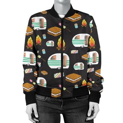 Camper Marshmallow Camping Design Print Women Casual Bomber Jacket