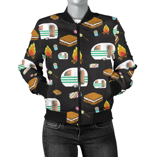 Camper Marshmallow Camping Design Print Women Casual Bomber Jacket