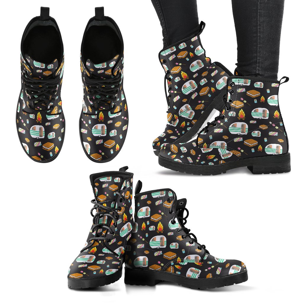 Camper marshmallow Camping Design Print Women Leather Boots-JTAMIGO.COM