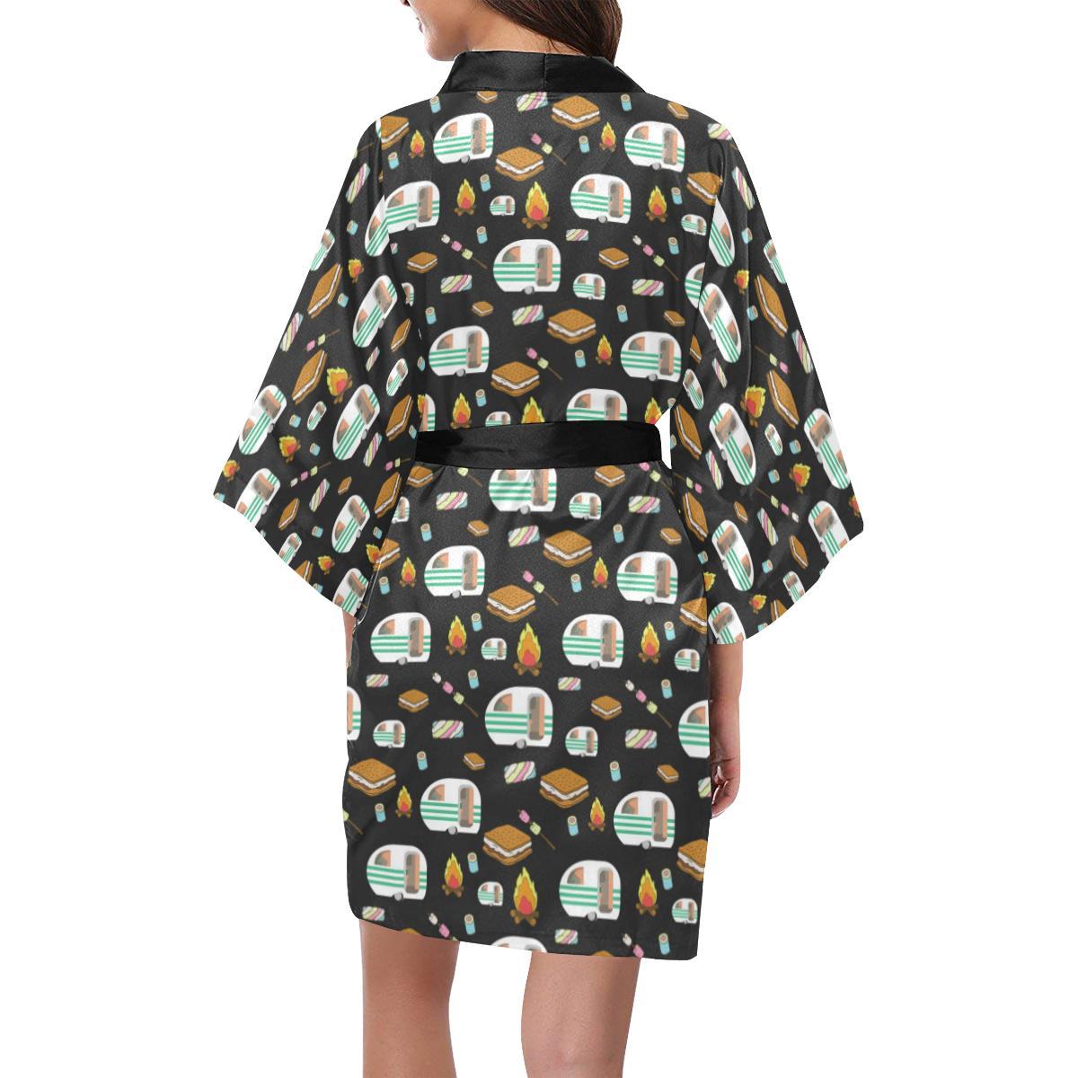 Camper marshmallow Camping Design Print Women Short Kimono Robe