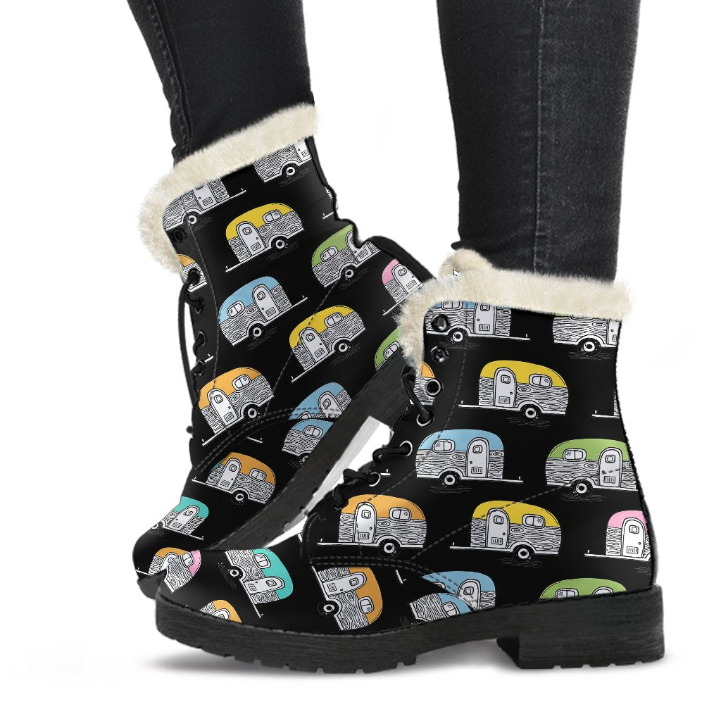 Camper Pattern Camping Themed No 2 Print Faux Fur Leather Boots-JTAMIGO.COM