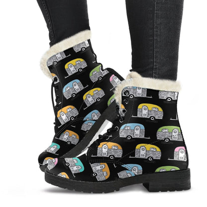 Camper Pattern Camping Themed No 2 Print Faux Fur Leather Boots-JTAMIGO.COM
