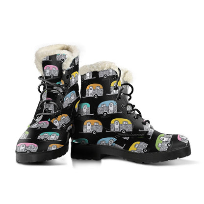 Camper Pattern Camping Themed No 2 Print Faux Fur Leather Boots-JTAMIGO.COM