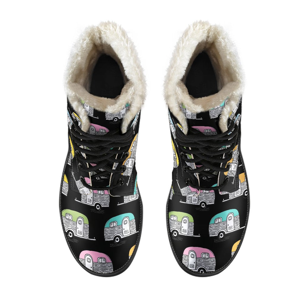 Camper Pattern Camping Themed No 2 Print Faux Fur Leather Boots-JTAMIGO.COM