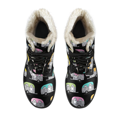 Camper Pattern Camping Themed No 2 Print Faux Fur Leather Boots-JTAMIGO.COM