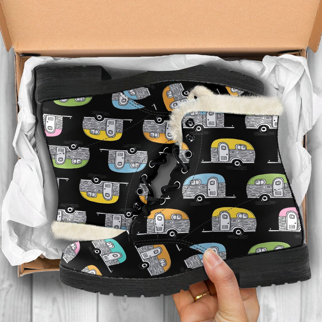 Camper Pattern Camping Themed No 2 Print Faux Fur Leather Boots-JTAMIGO.COM