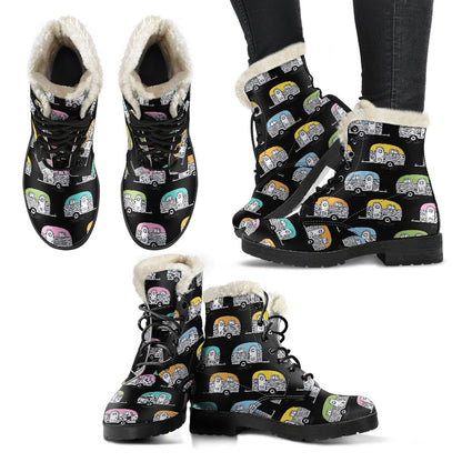 Camper Pattern Camping Themed No 2 Print Faux Fur Leather Boots-JTAMIGO.COM