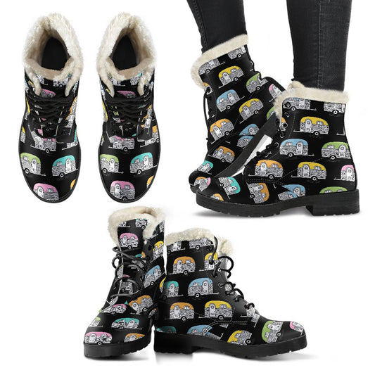 Camper Pattern Camping Themed No 2 Print Faux Fur Leather Boots-JTAMIGO.COM