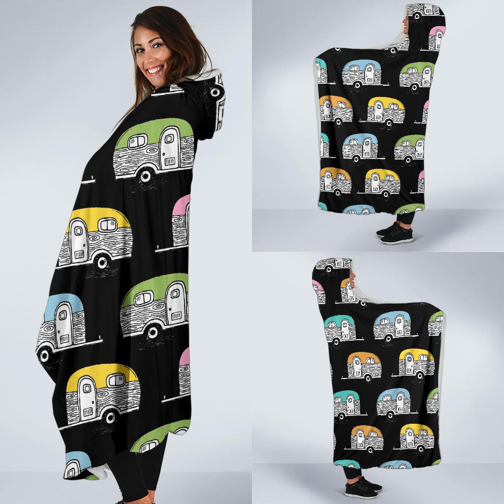 Camper Pattern Camping Themed No 2 Print Hooded Blanket-JTAMIGO.COM