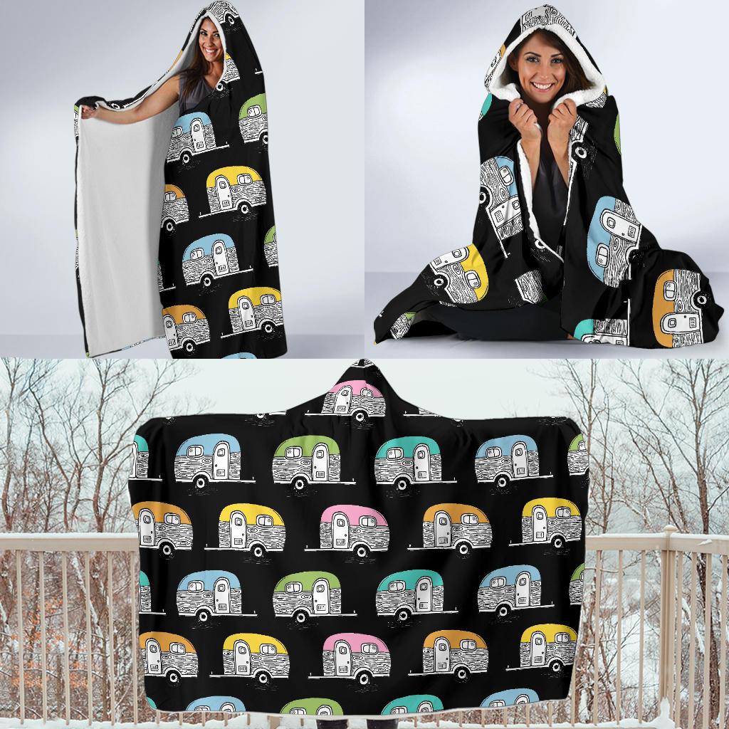 Camper Pattern Camping Themed No 2 Print Hooded Blanket-JTAMIGO.COM