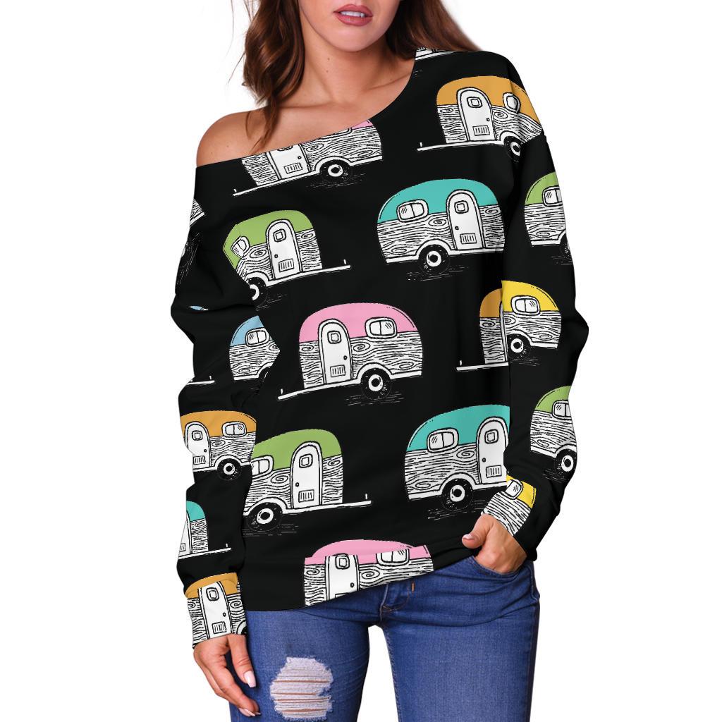Camper Pattern Camping Themed No 2 Print Off Shoulder Sweatshirt