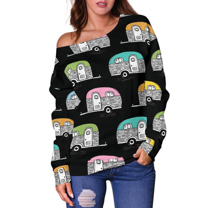 Camper Pattern Camping Themed No 2 Print Off Shoulder Sweatshirt