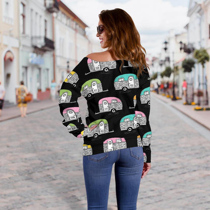 Camper Pattern Camping Themed No 2 Print Off Shoulder Sweatshirt