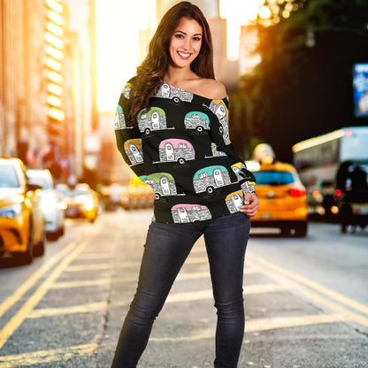 Camper Pattern Camping Themed No 2 Print Off Shoulder Sweatshirt